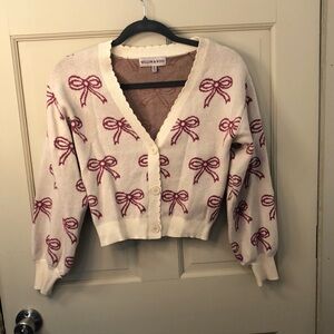 Wind and Willow - T J Maxx - Cream Cardigan with Pink Bow Pattern - Cropped